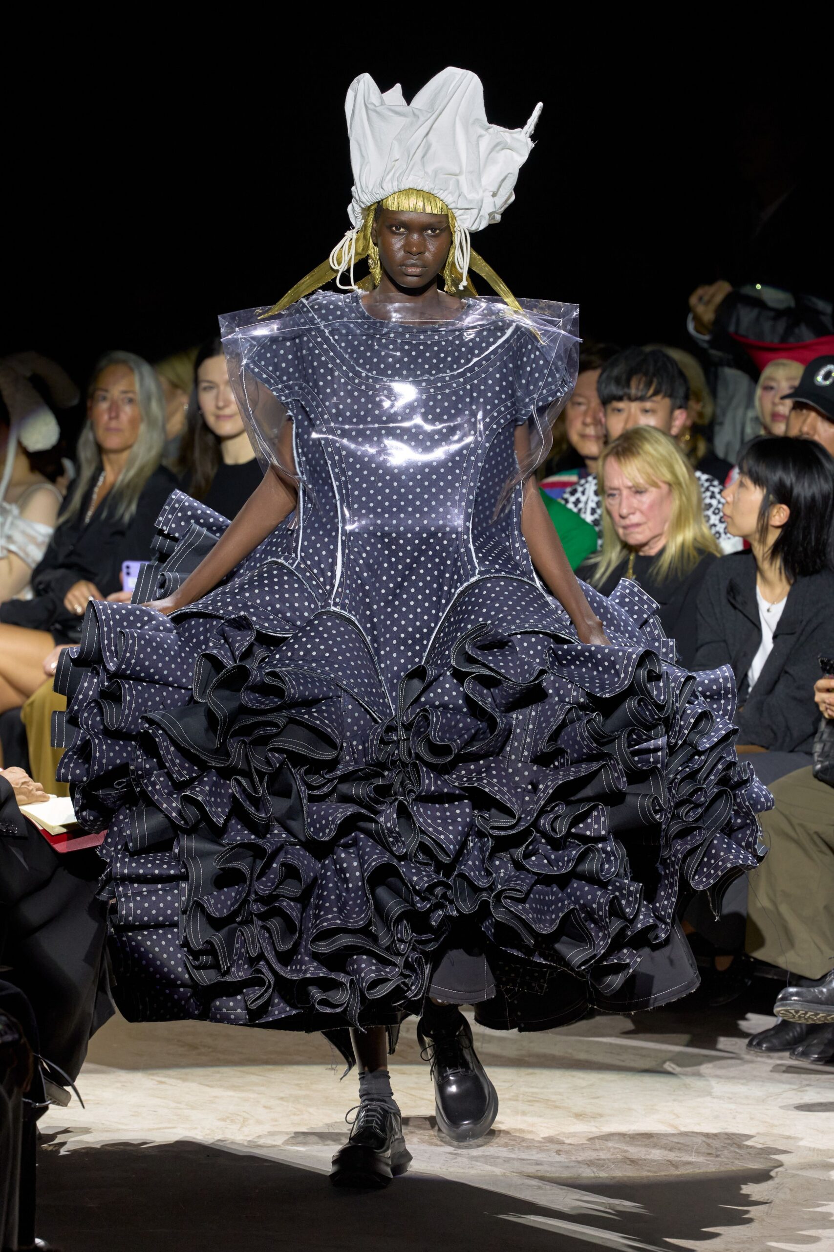 polka-dot sculptural ruffle gown