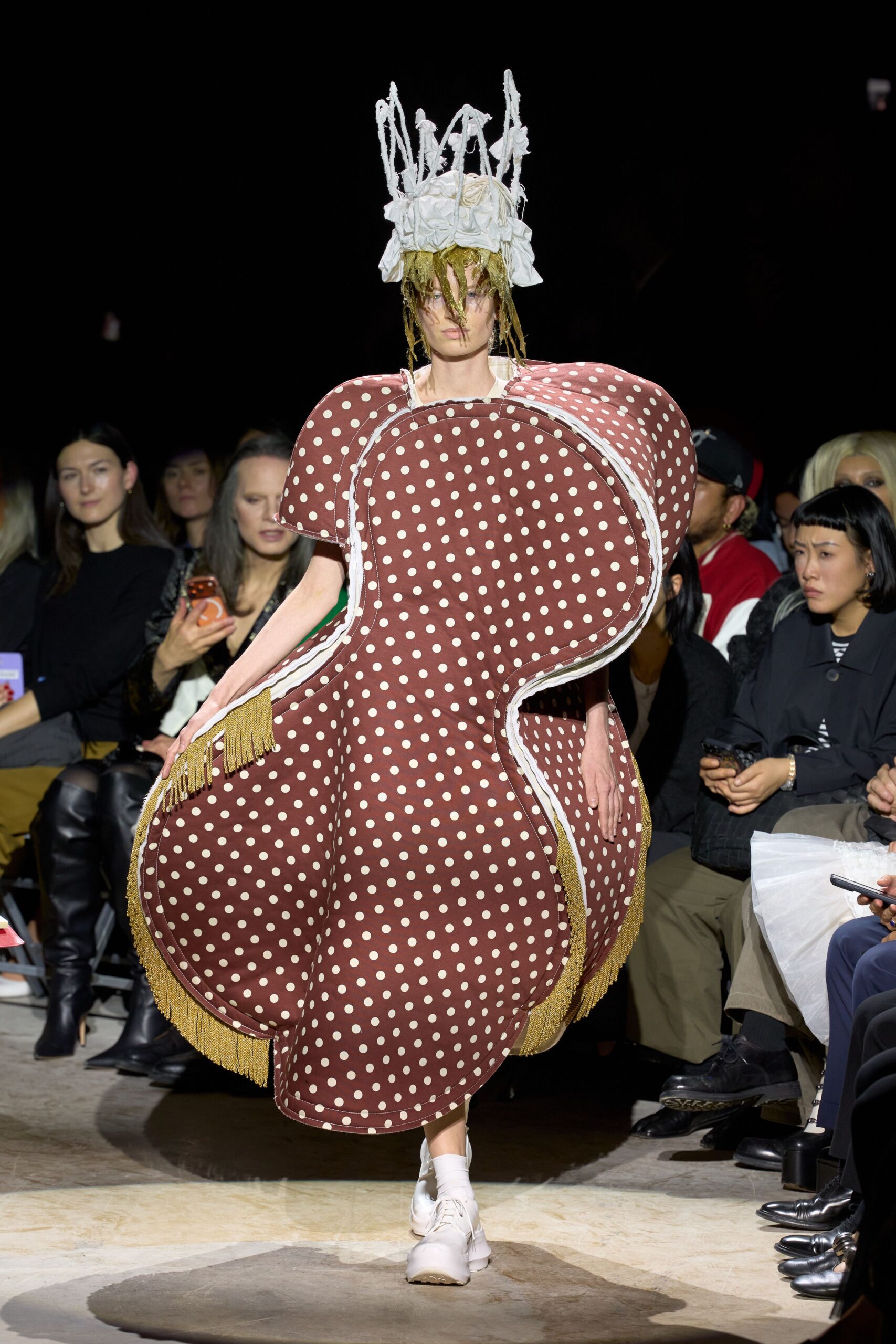 brown polka-dot sculptural dress