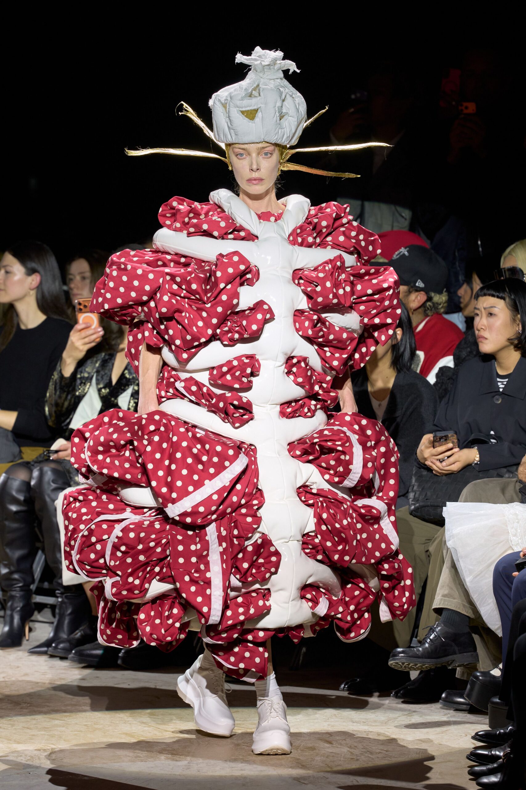 sculptural polka-dot ruffled padded dress