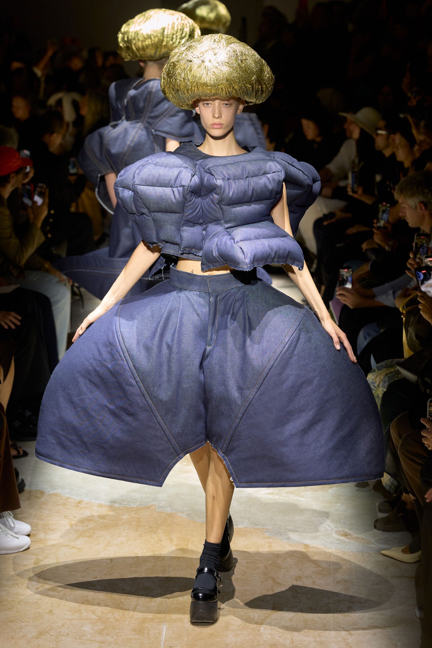sculptural denim pannier skirt