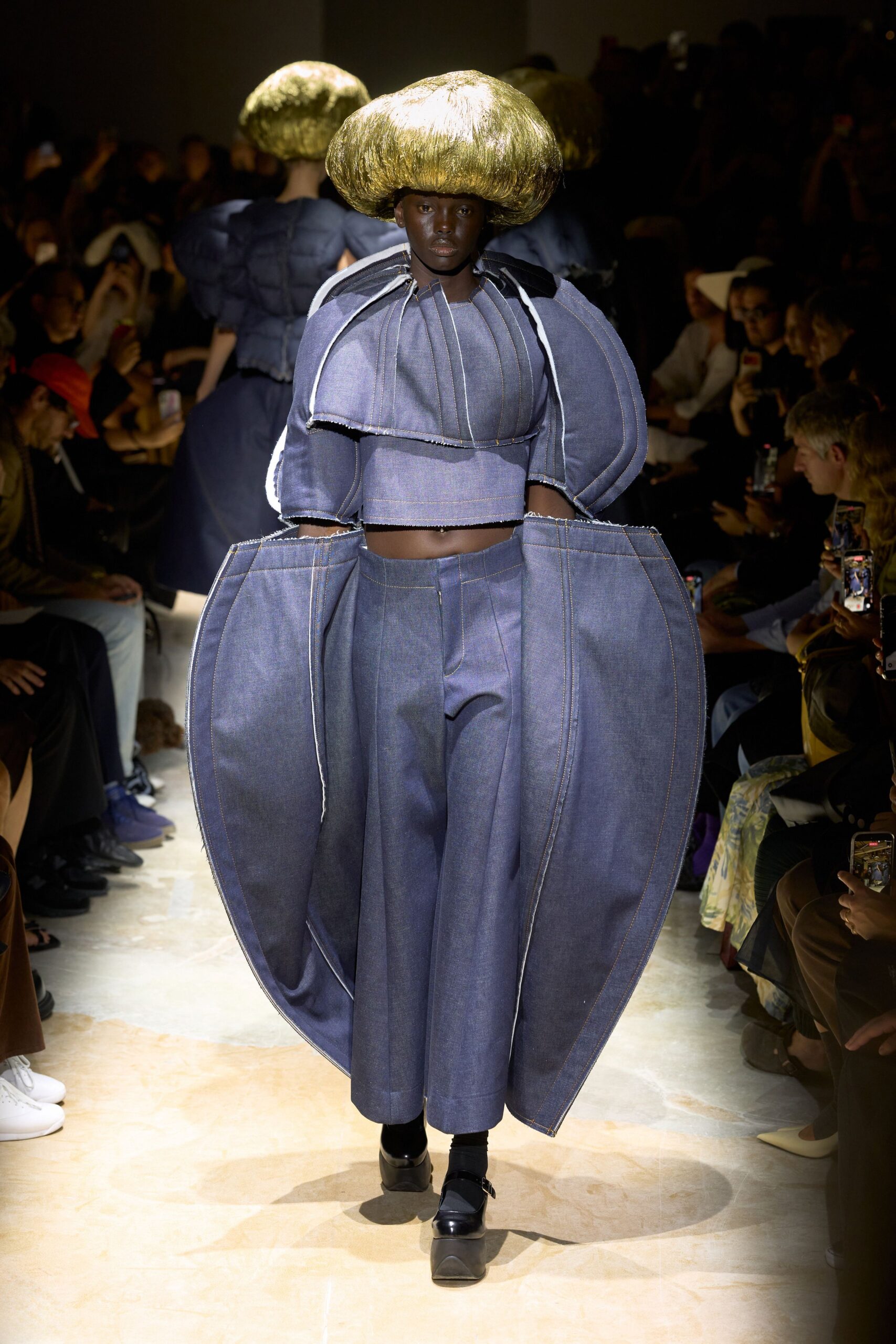 sculptural denim puff-sleeve crop top