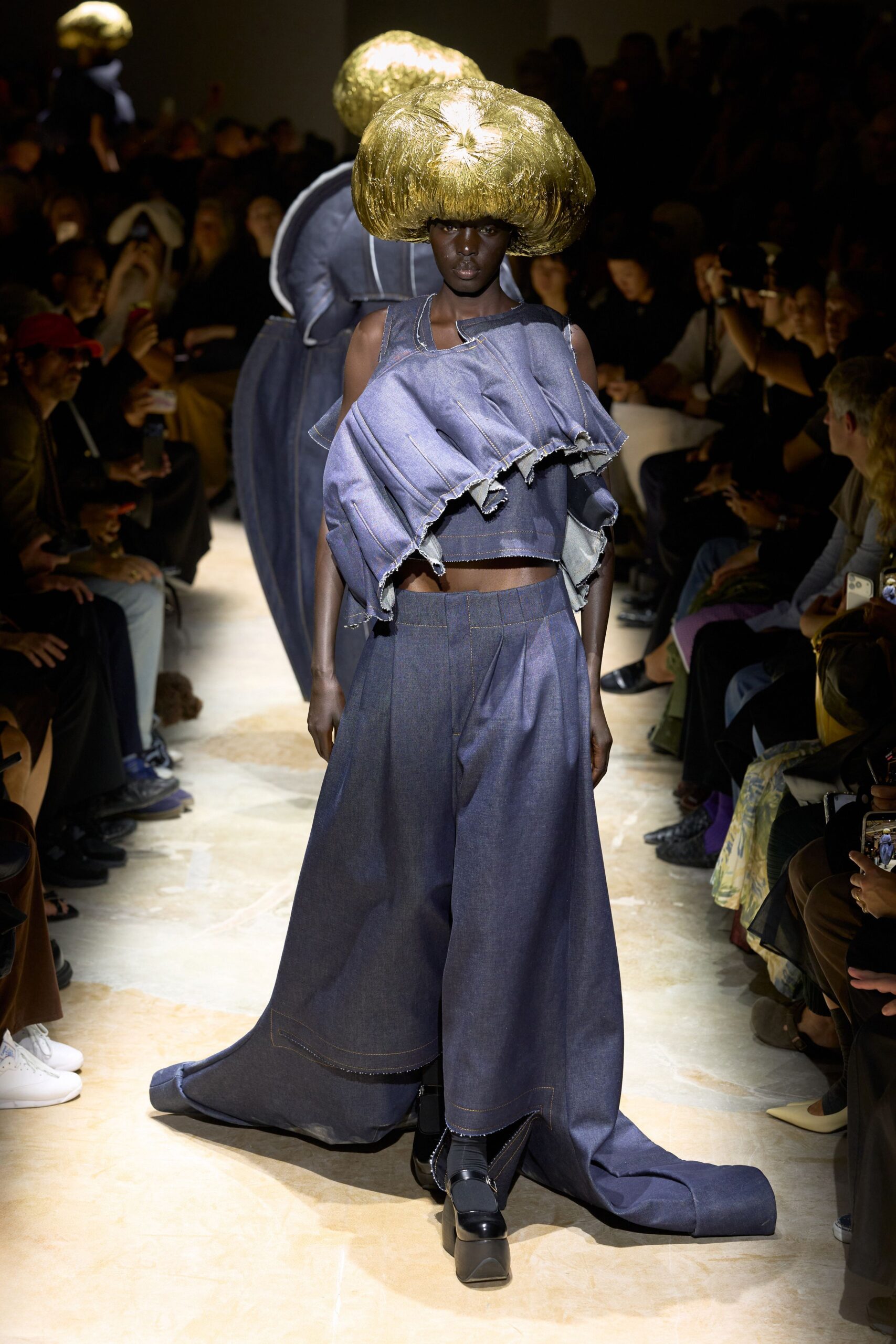 sculptural asymmetric denim top