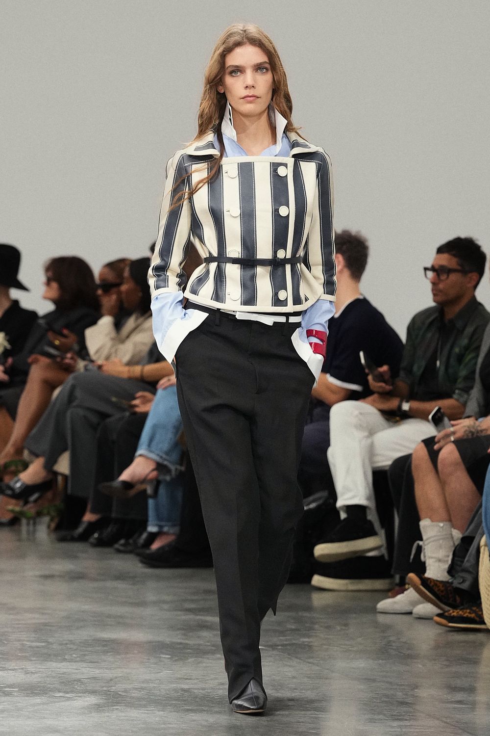 striped belted double-breasted jacket