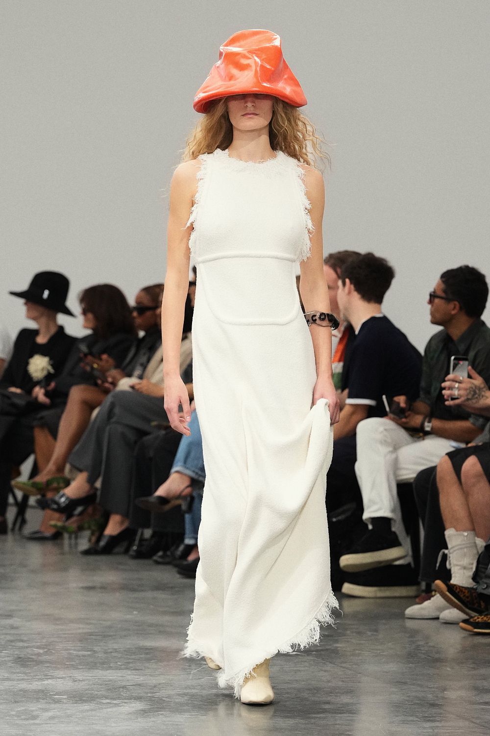 ivory feather-trim knit maxi dress