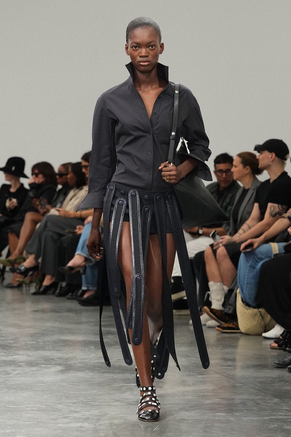 black strap-fringe mini skirt