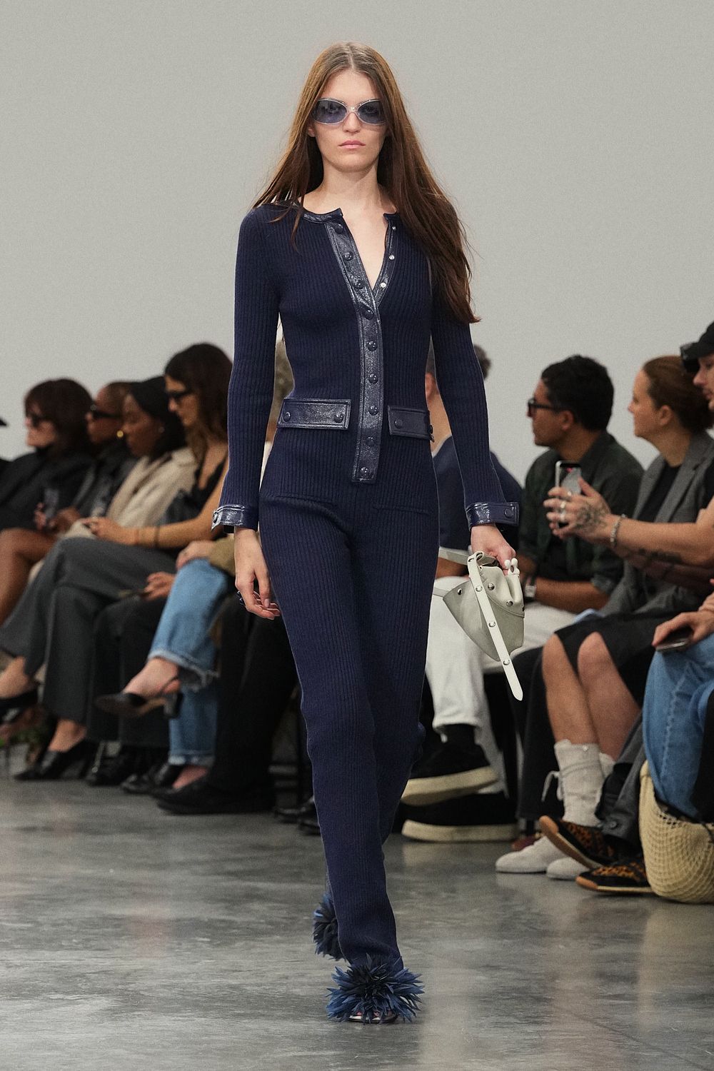 blue knit long-sleeve low-cut fitted ribbed buttoned jumpsuit
