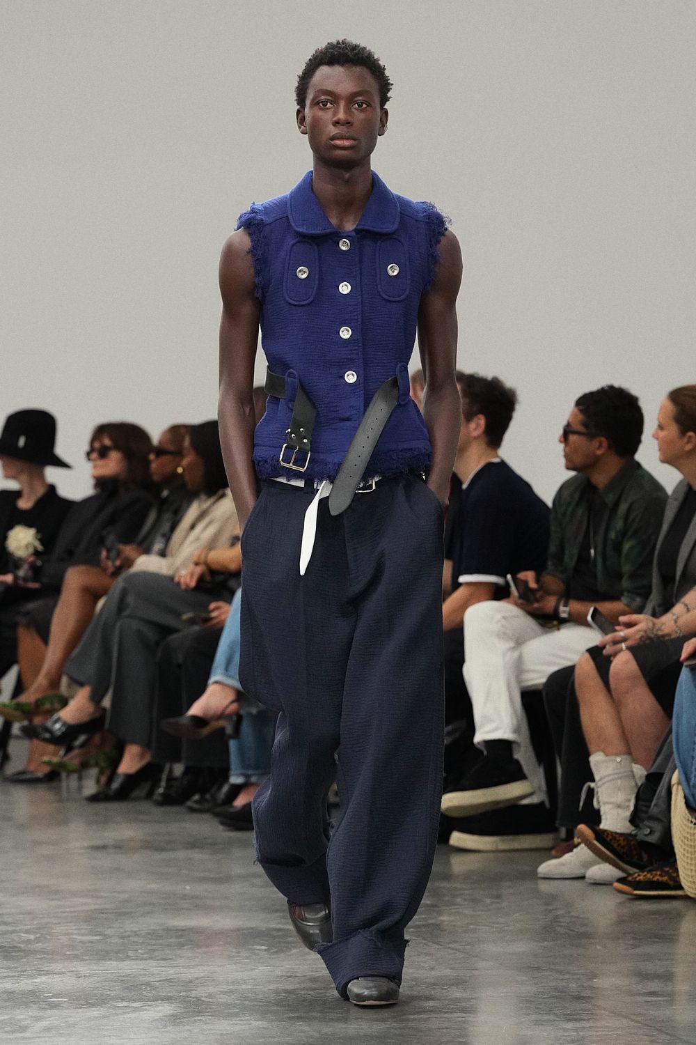 frayed sleeveless collared vest