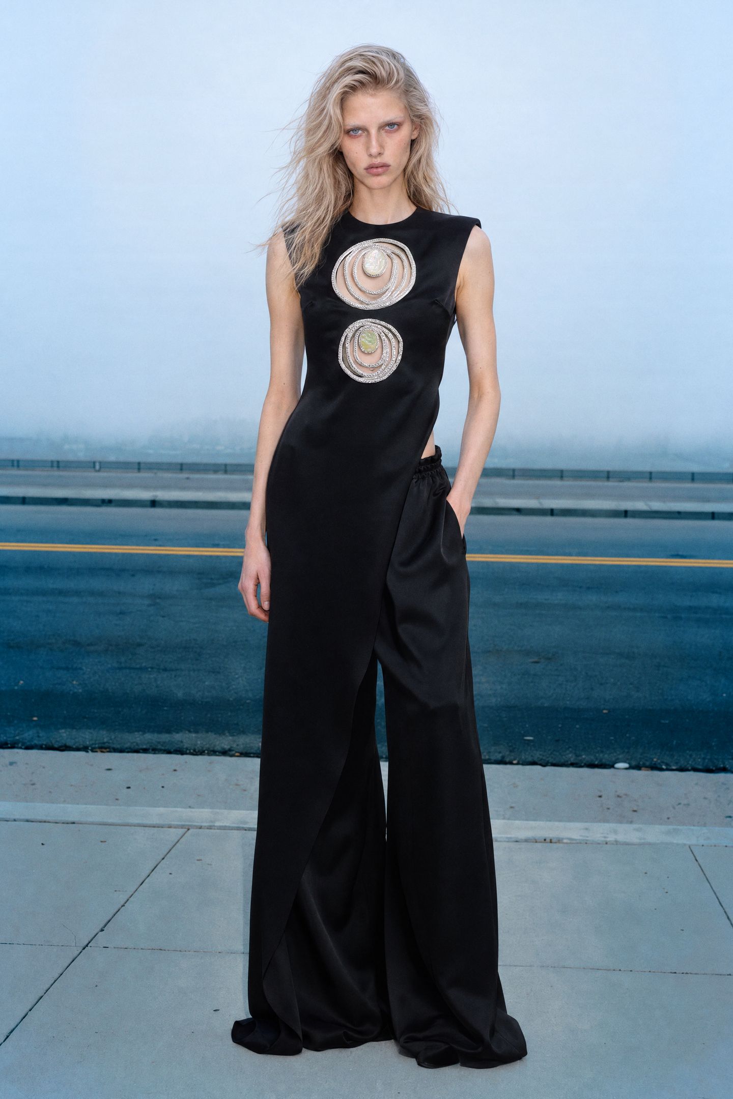 black satin orb appliqué tunic top