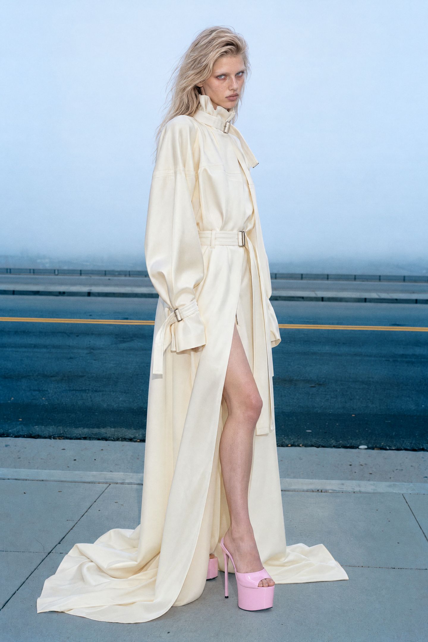 ivory belted high-neck satin gown