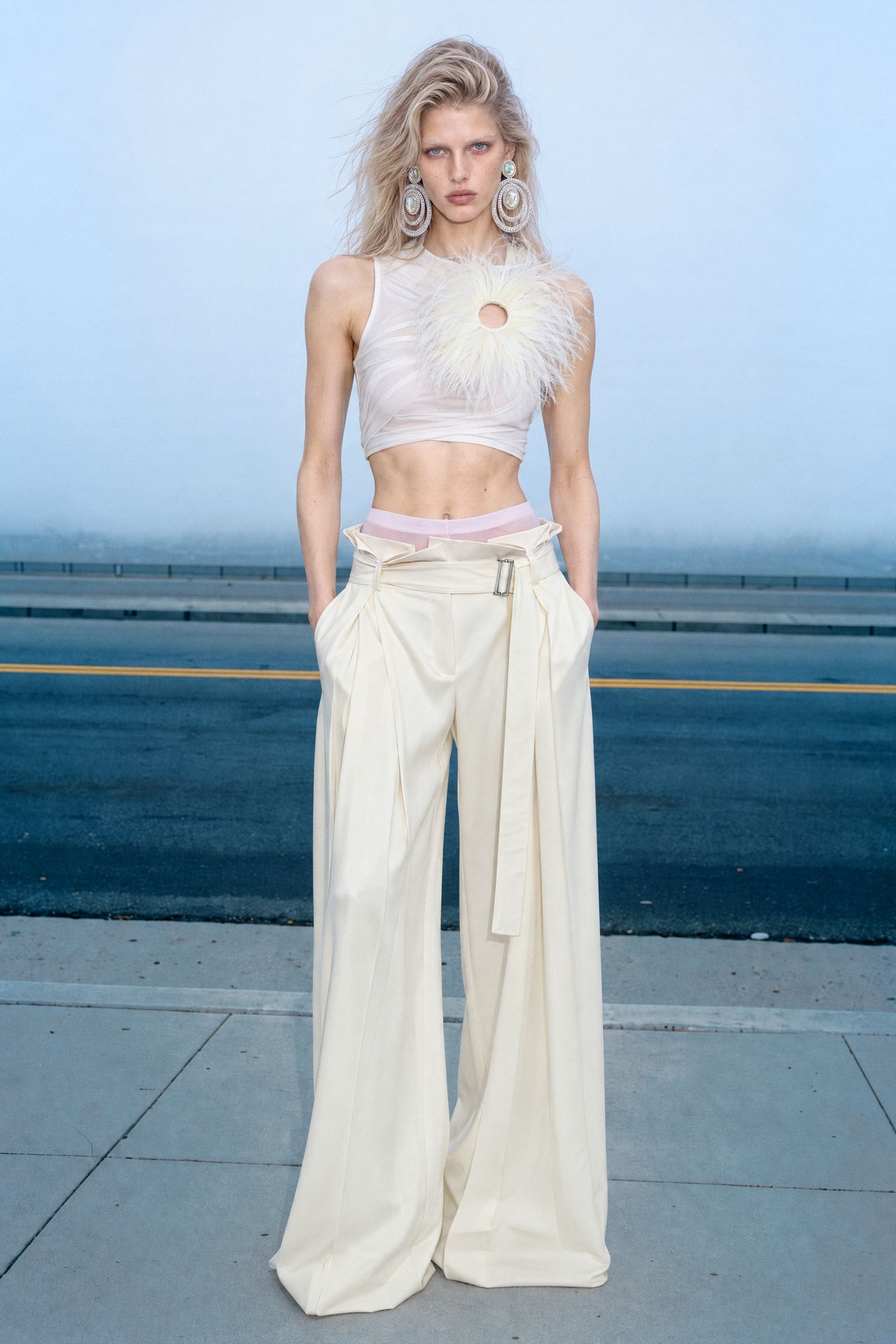 ivory high-waisted wide-leg pleated flowing pants