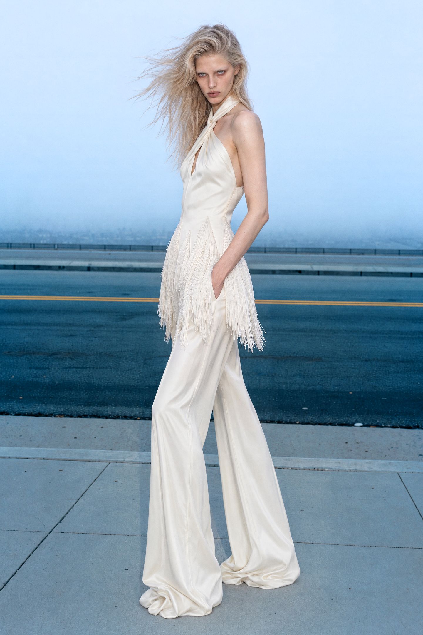 ivory fringe halter evening jumpsuit
