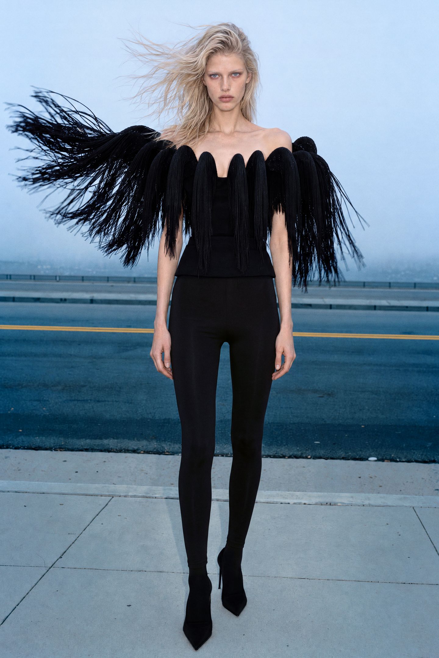 black fringed strapless jumpsuit
