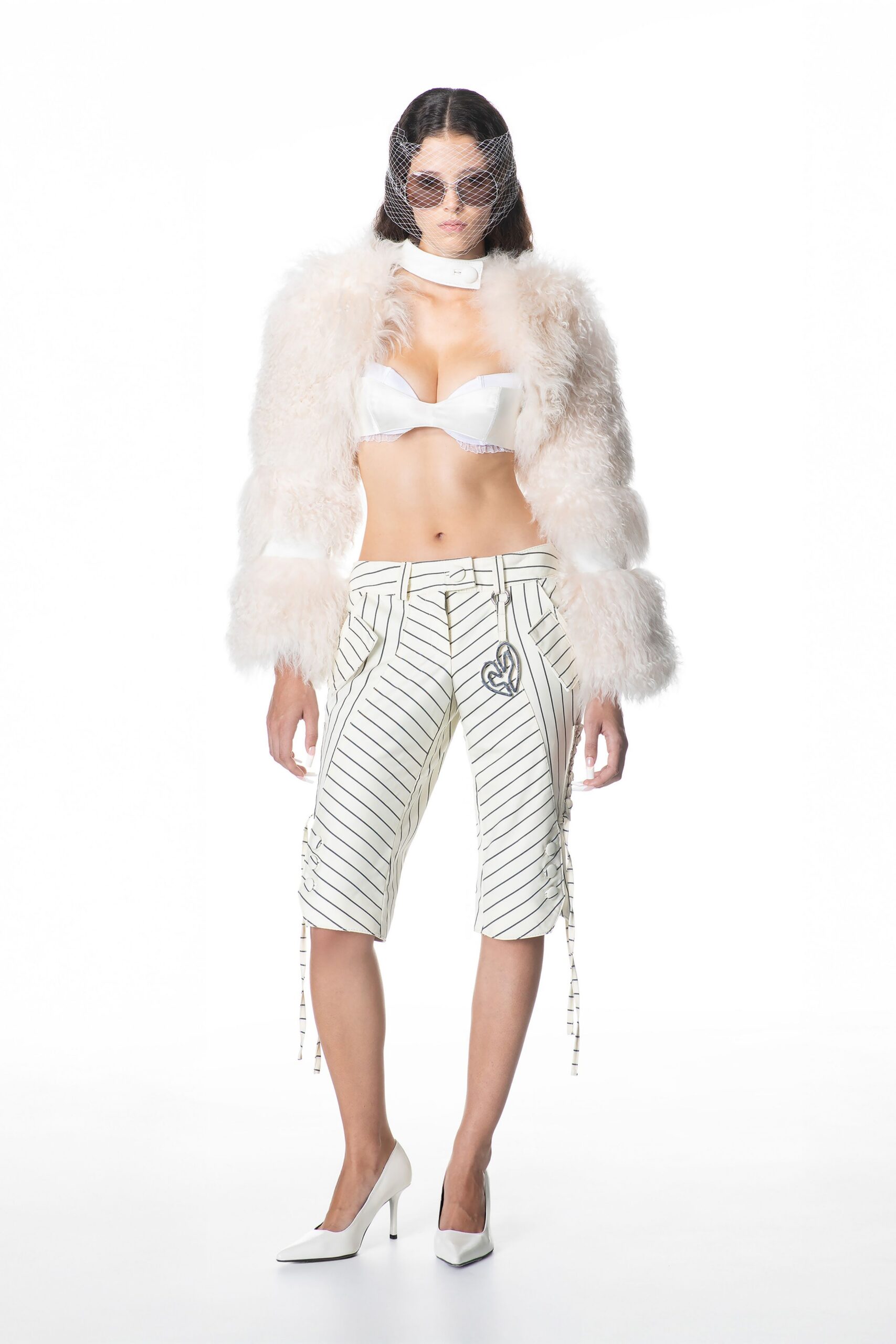 ivory fur long-sleeve open-front textured cropped jacket