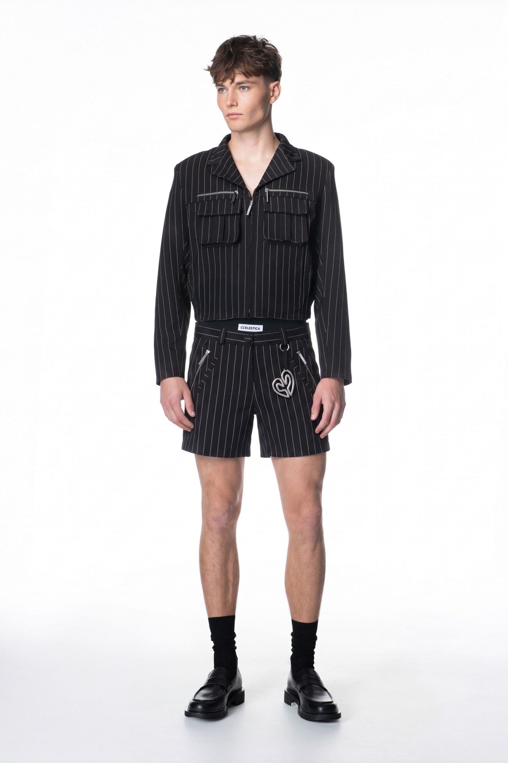 black pinstripe cropped utility jacket