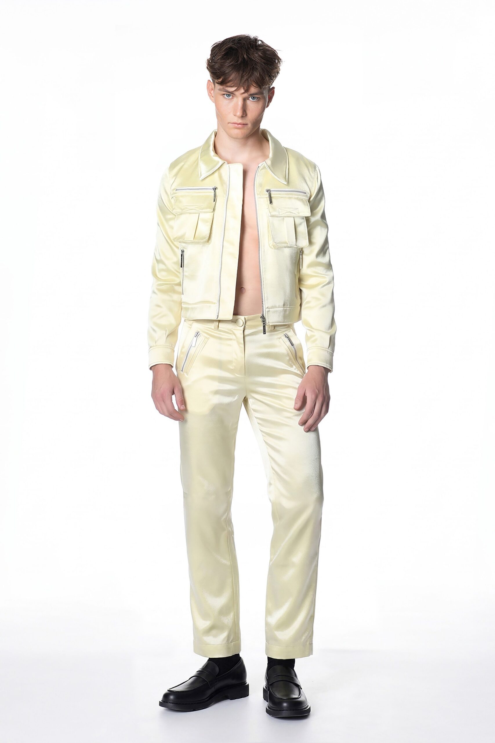 ivory satin long-sleeve collared structured zippered pockets jacket