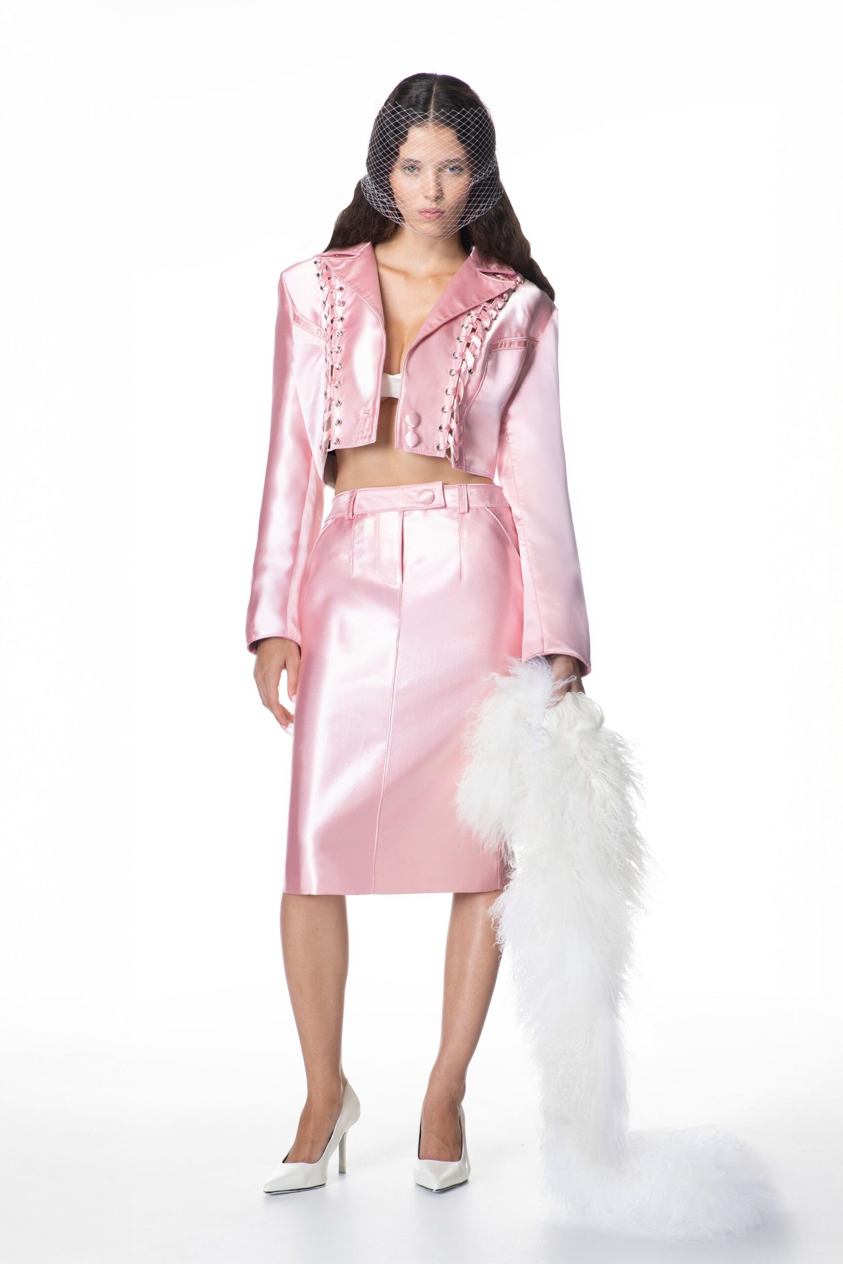 pink satin long-sleeve collared structured buttoned embellished jacket