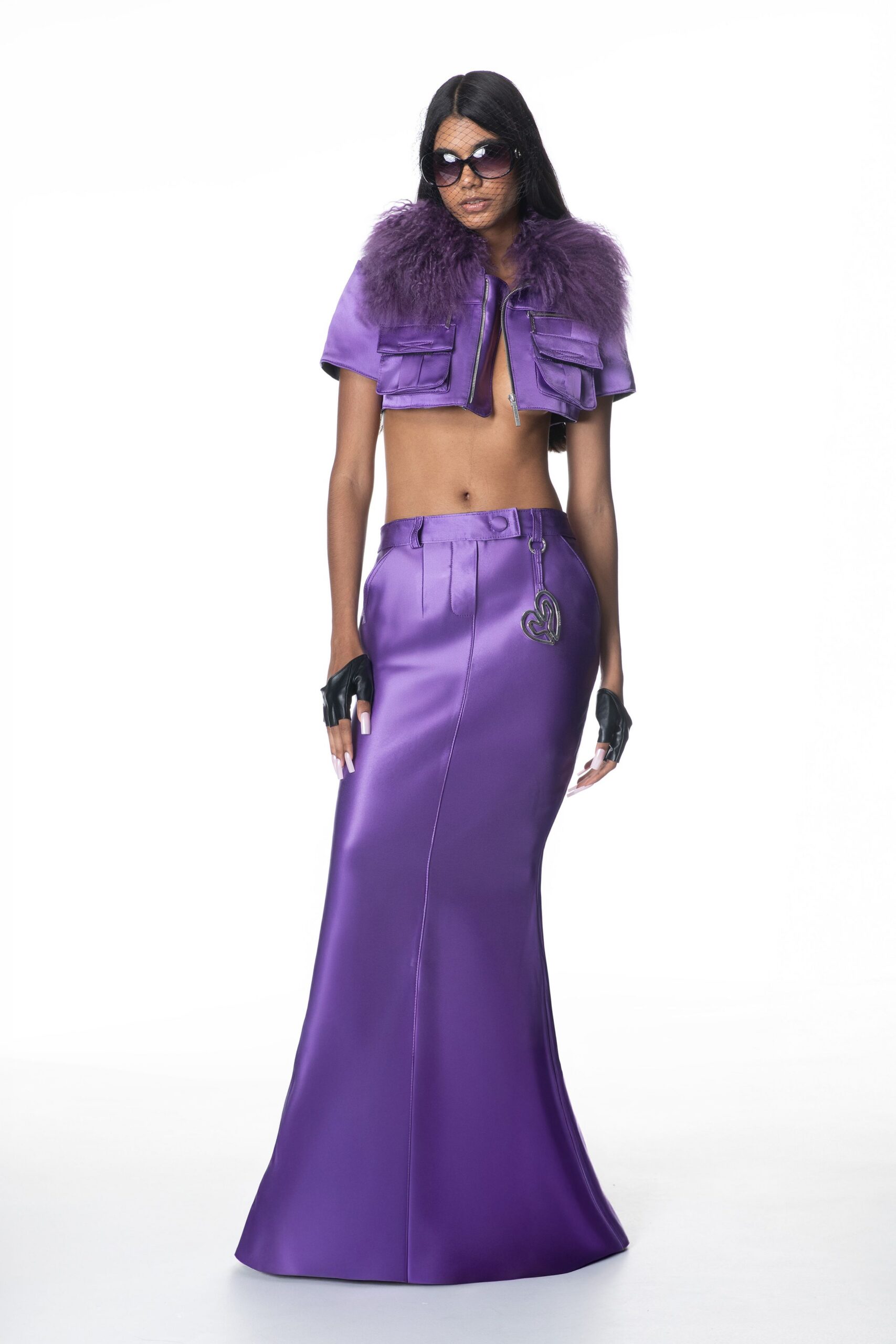purple satin fitted straight-leg shiny maxi skirt