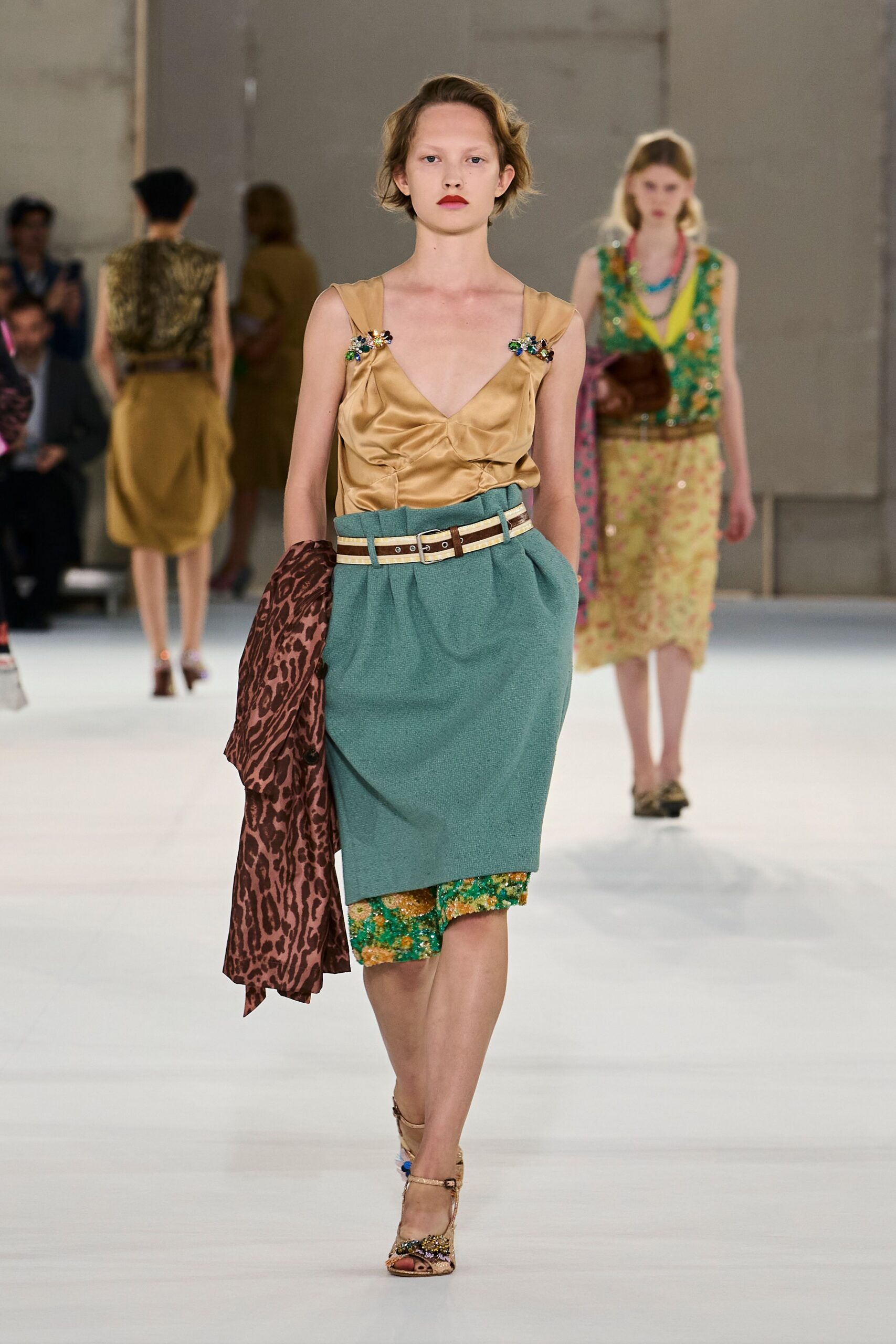 green high-waisted belted draped midi skirt