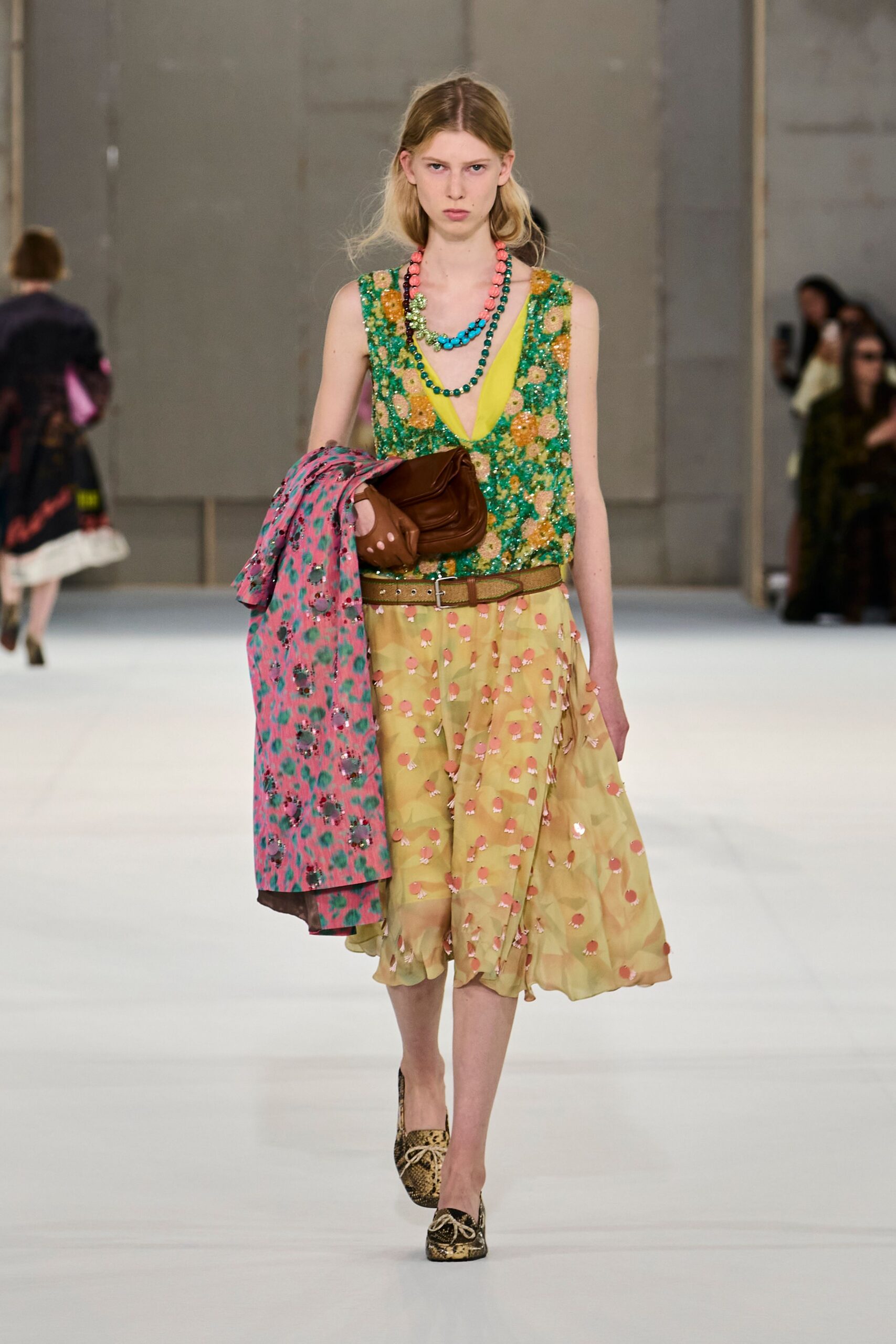 yellow chiffon printed ruffled flowing midi skirt