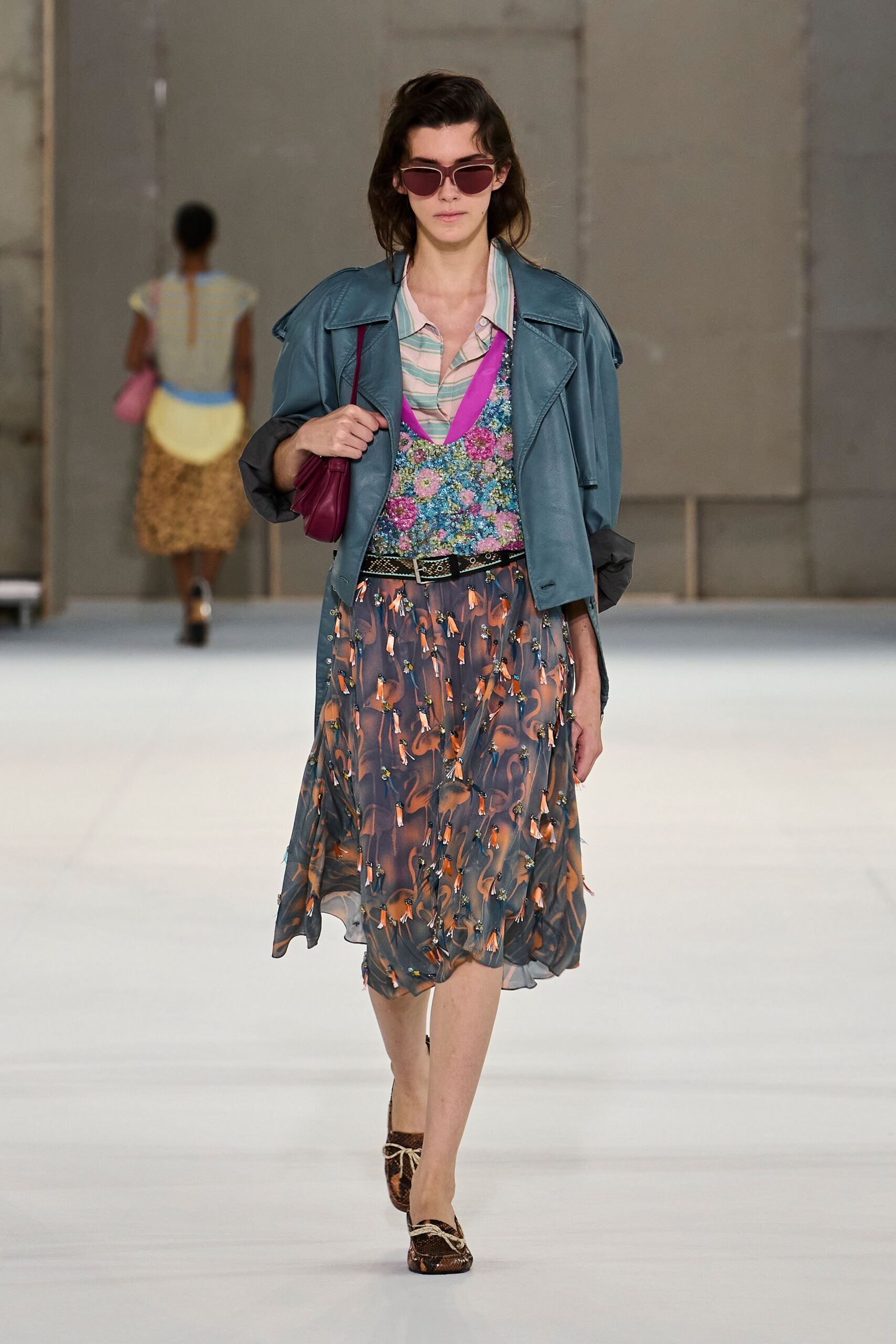 blue sequin sleeveless low-cut fitted floral embellished top