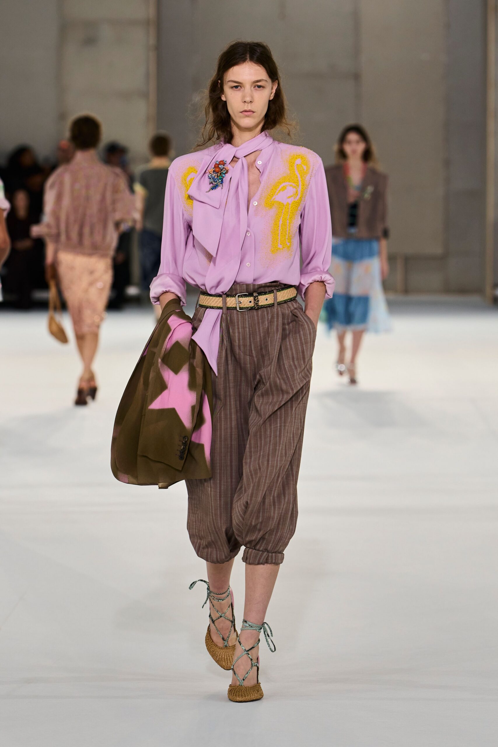 lavender collared long-sleeve embroidered buttoned shirt