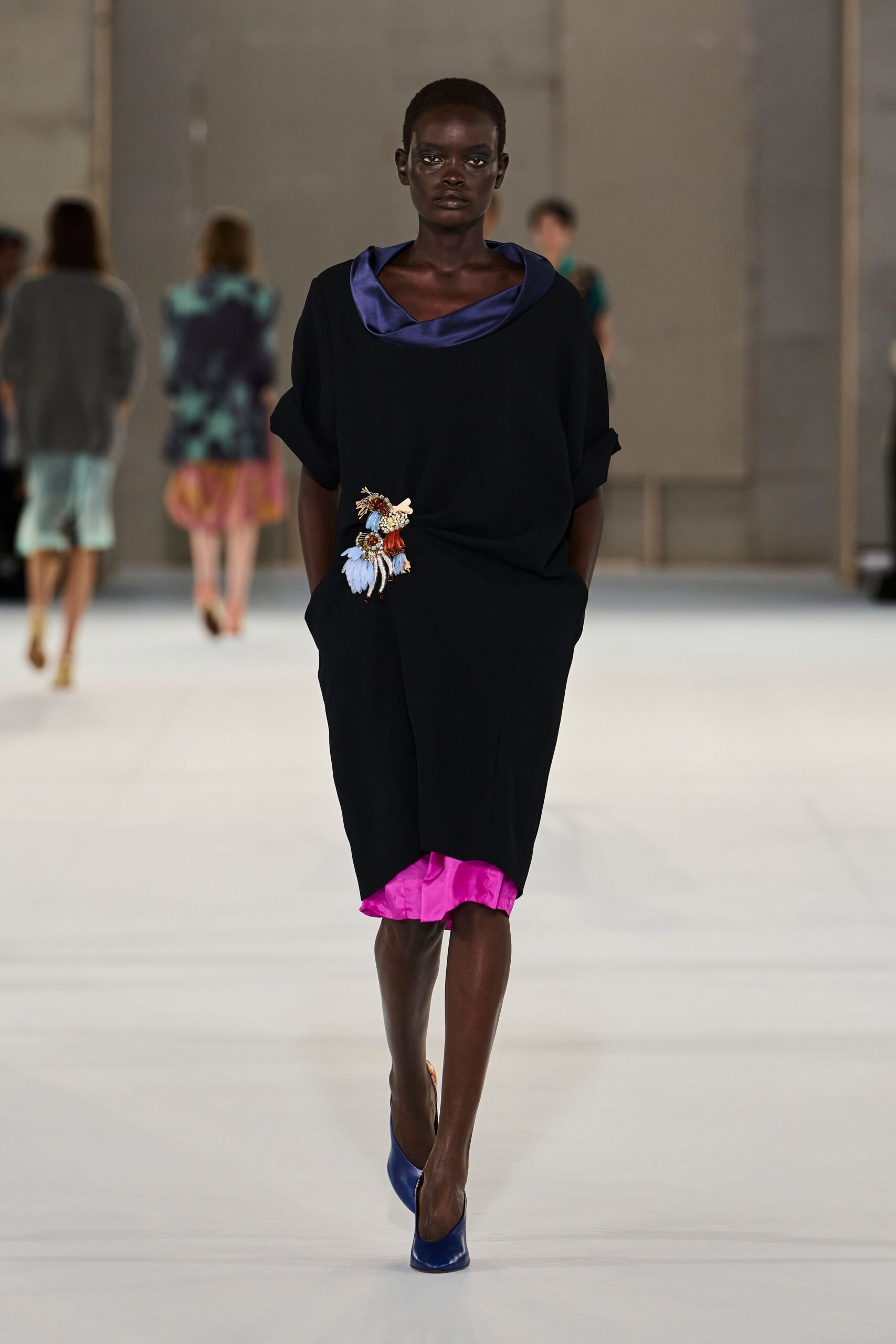 black satin short-sleeve asymmetric draped embellished flowing dress