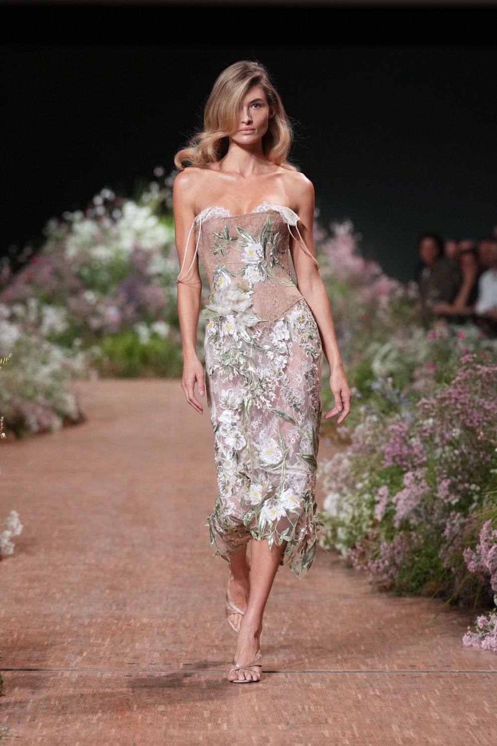 ivory lace strapless sweetheart fitted floral embroidered midi-dress
