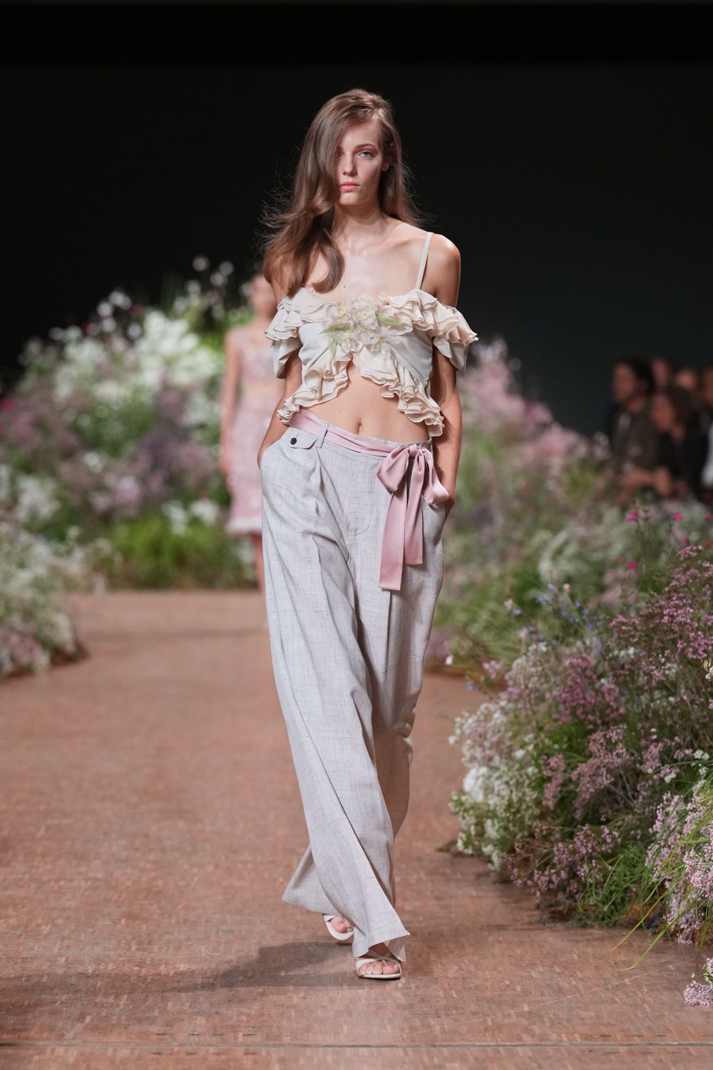 ruffled floral appliqué crop top
