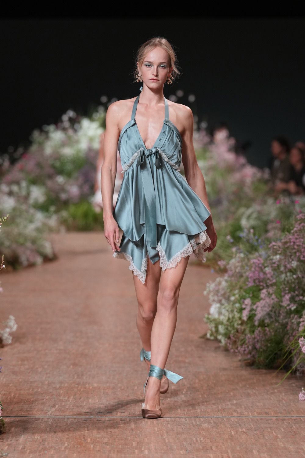 blue satin halter low-cut draped ruffled mini-dress
