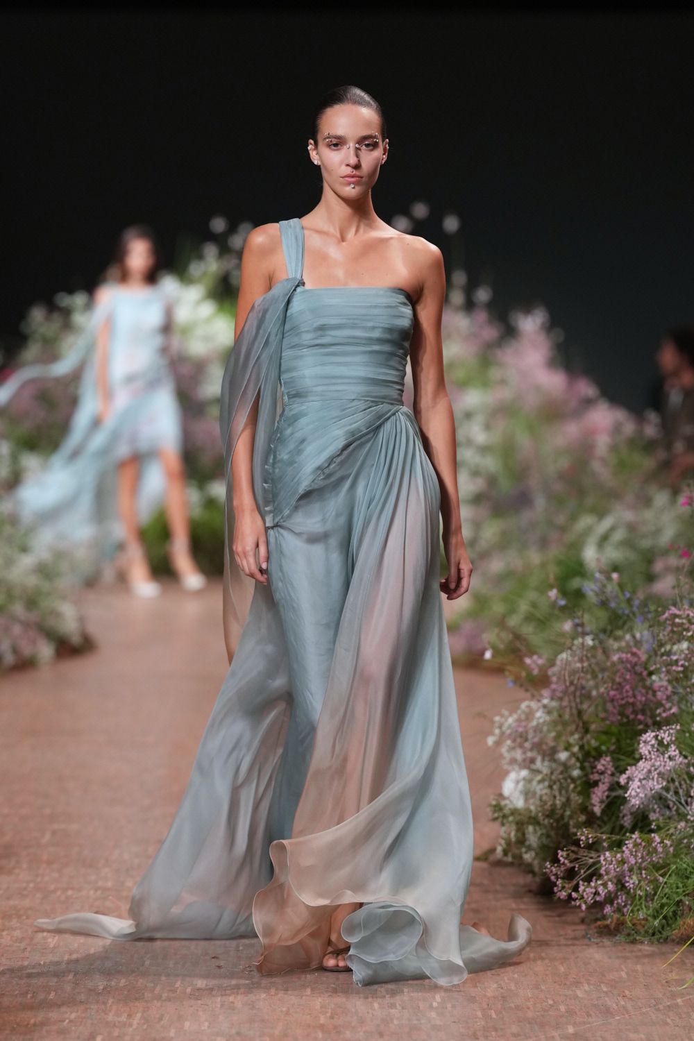 blue chiffon asymmetric sleeveless fitted draped ruched gown