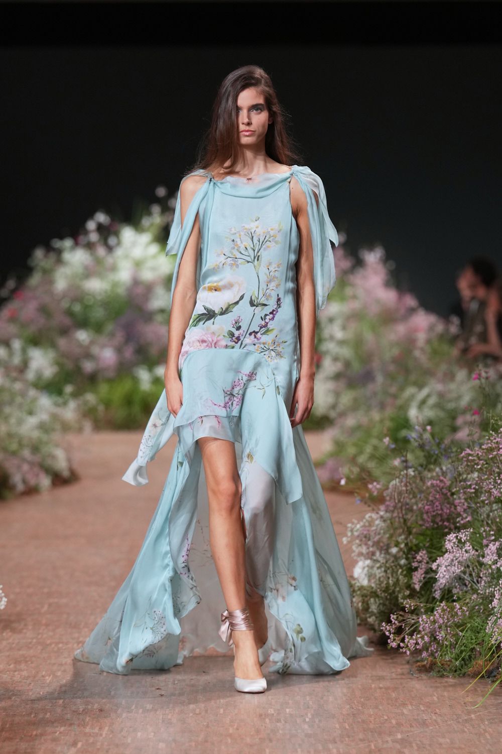 blue chiffon sleeveless boat-neck floral draped gown