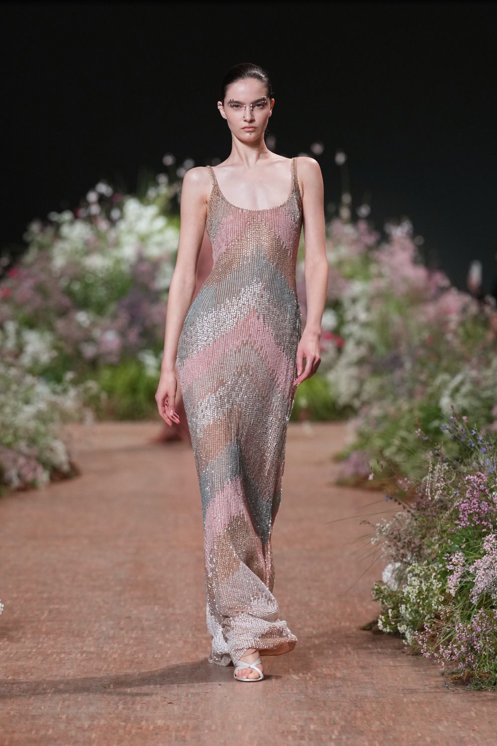 multi sequin sleeveless scoop-neck fitted abstract embellished gown