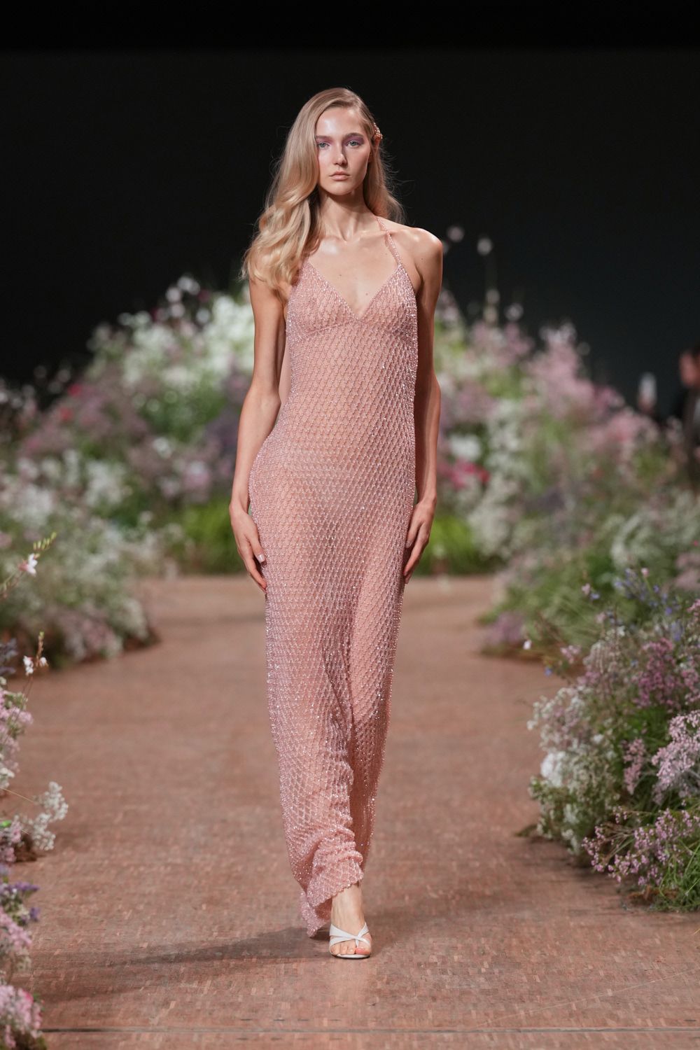 pink sequined halter evening gown
