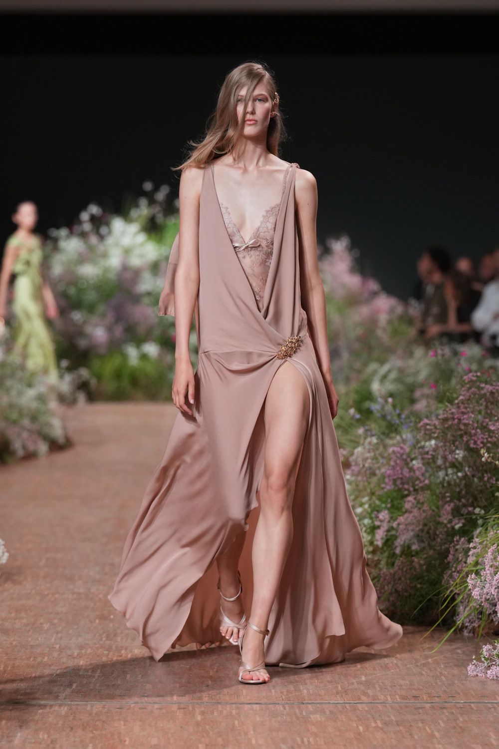 blush draped bias-cut evening gown