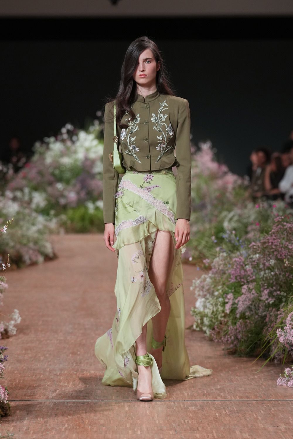 green long-sleeve high-neck structured embroidered buttoned cropped jacket