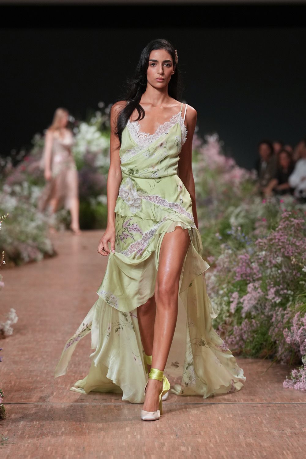 green chiffon spaghetti-strap low-cut floral ruffled gown