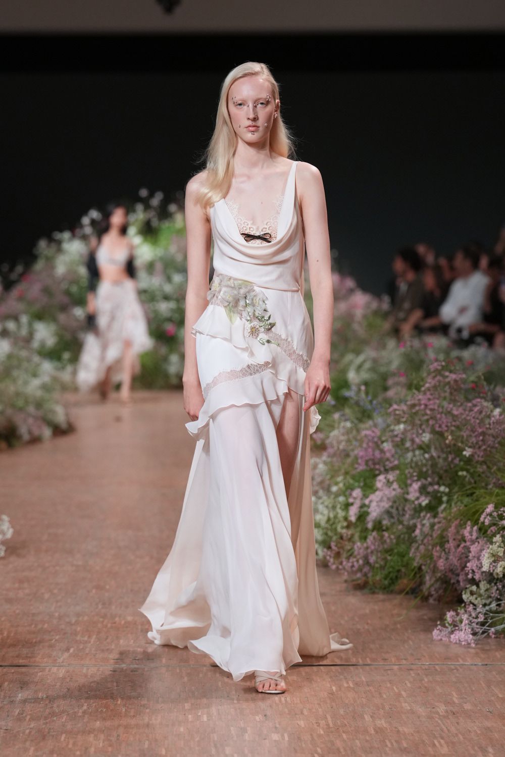 ivory cowl-neck ruffled evening gown