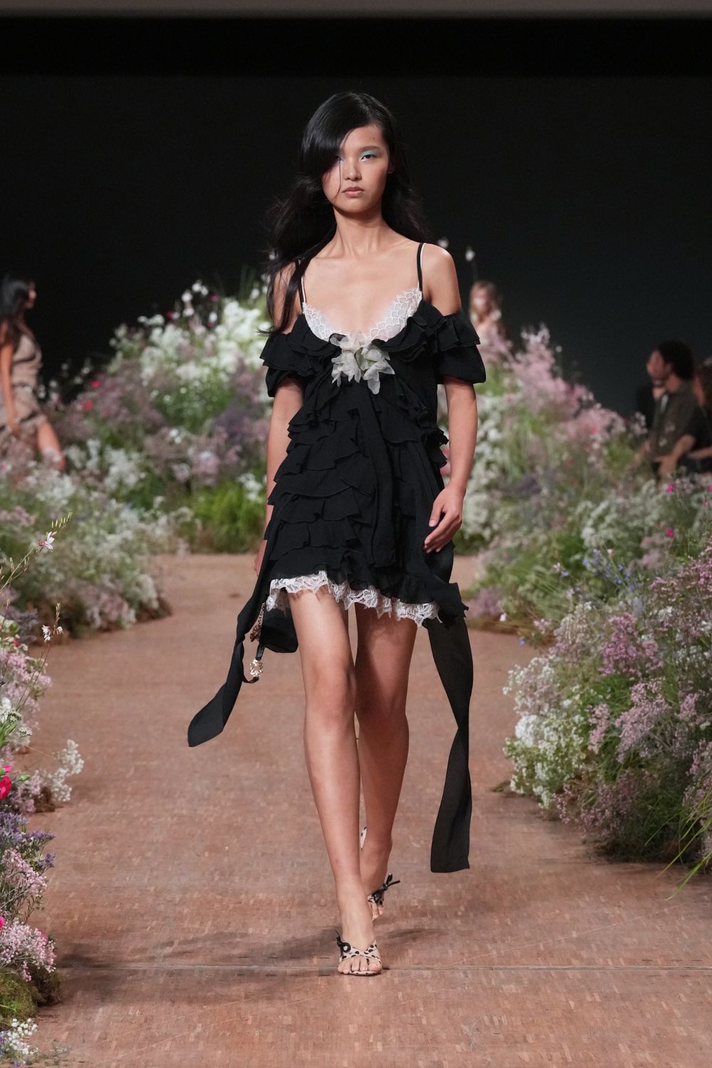 black chiffon spaghetti-strap off-shoulder ruffled layered mini-dress