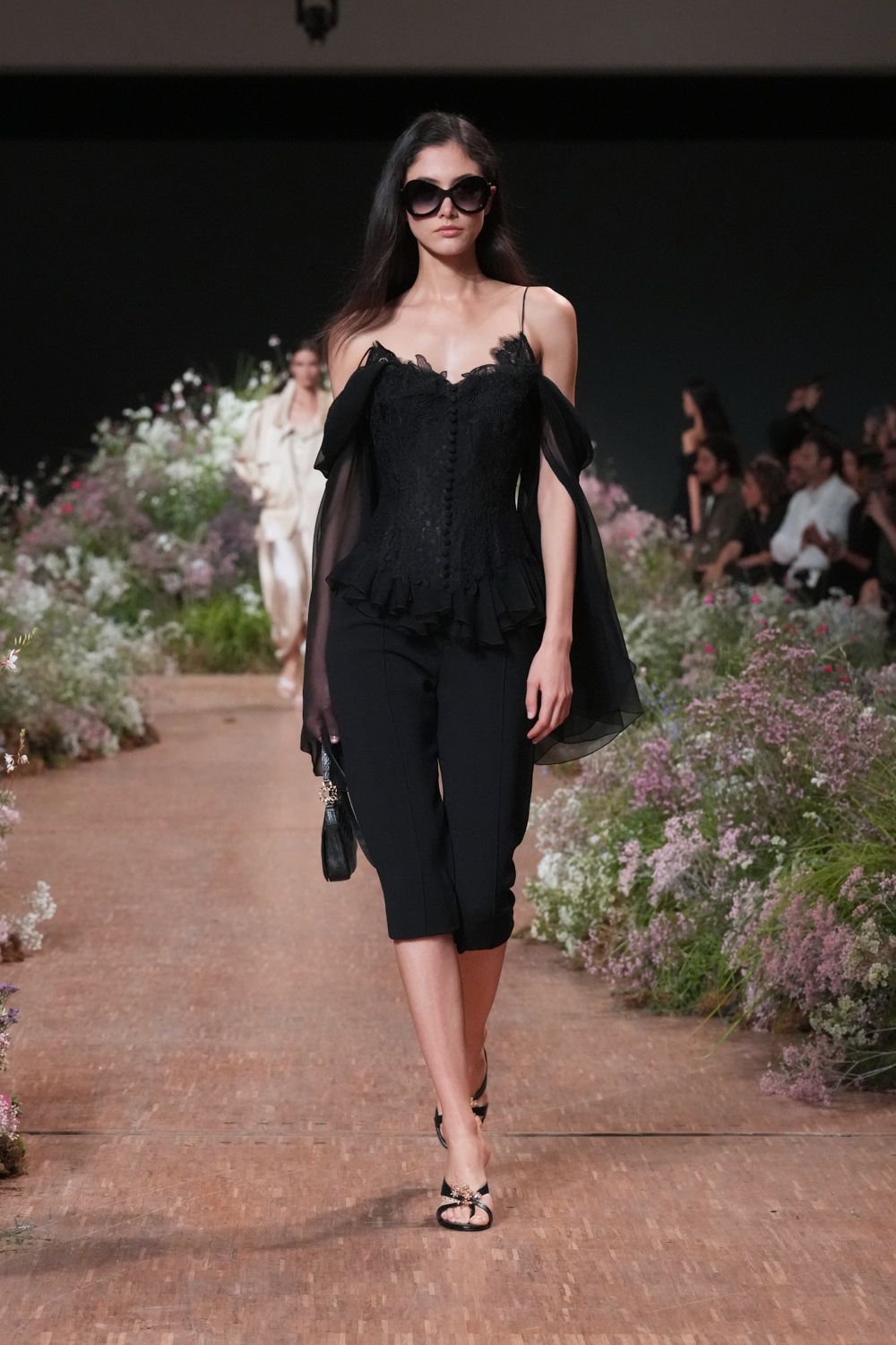 black lace spaghetti-strap off-shoulder fitted ruffled buttoned top