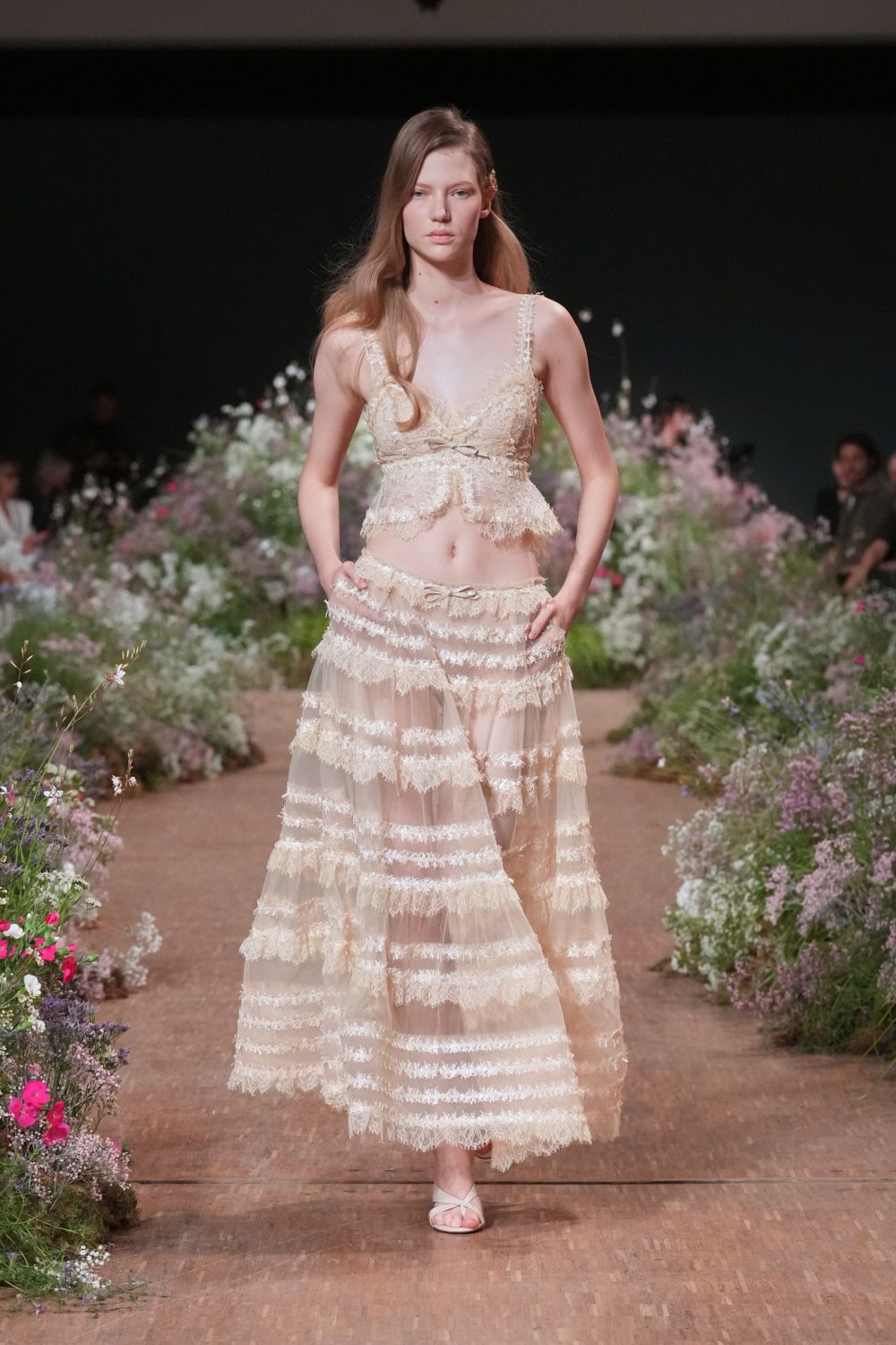 sheer tiered lace maxi skirt