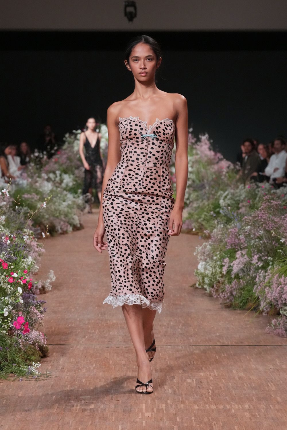 pink satin strapless sweetheart fitted animal-print ruched midi-dress