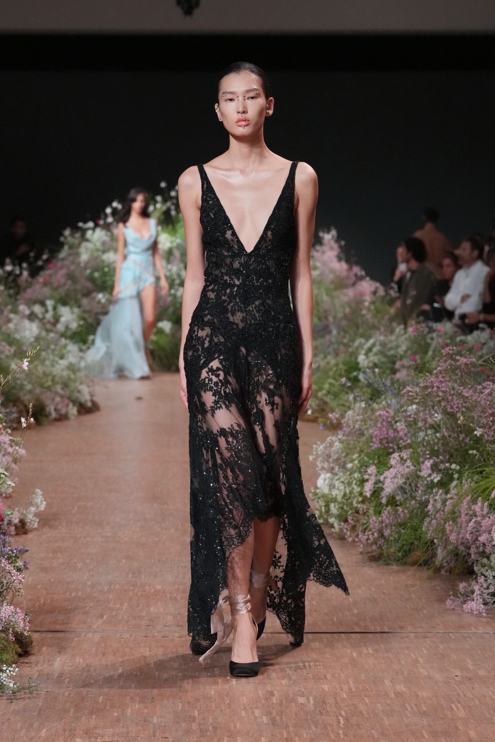 black sheer lace evening gown