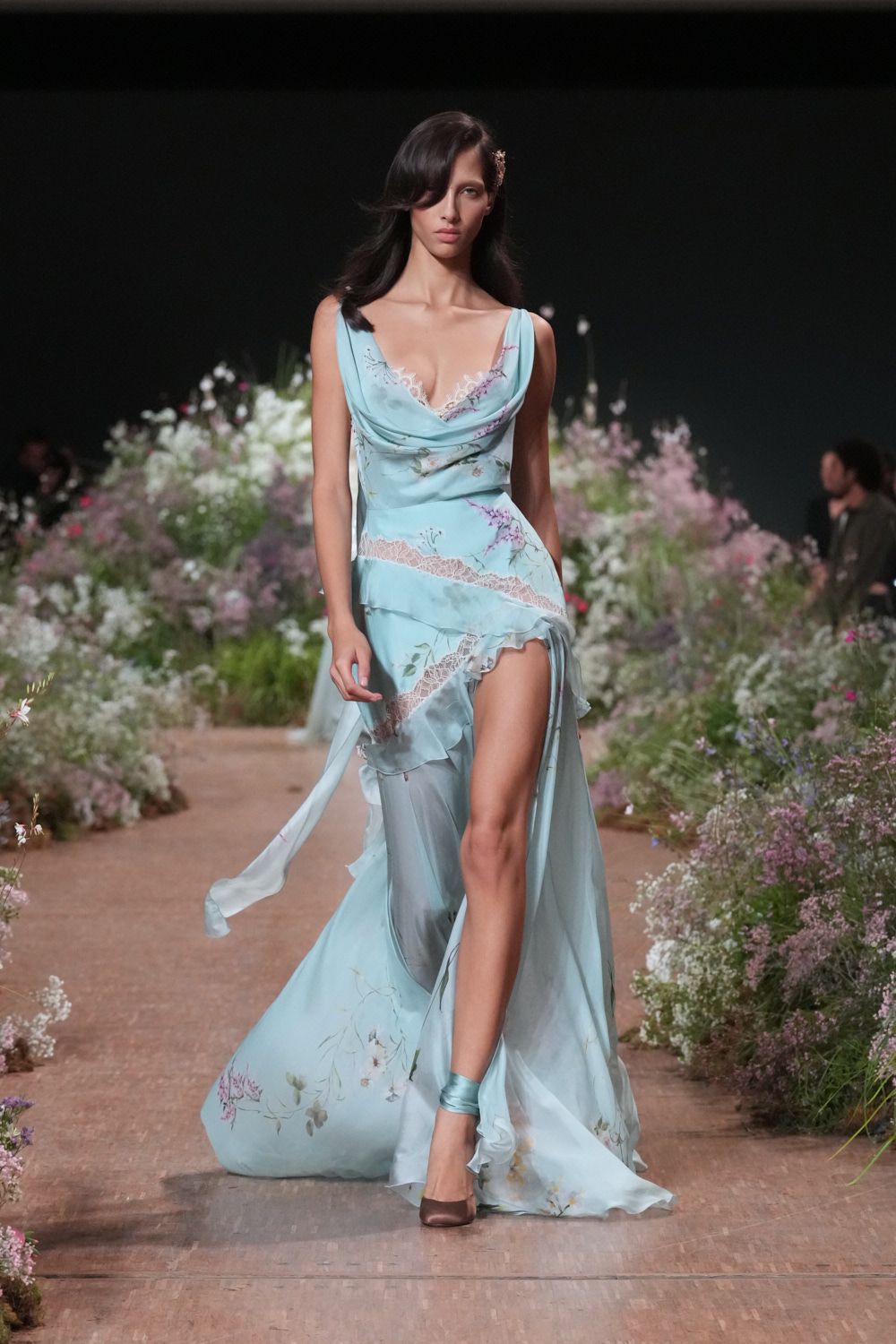 blue chiffon sleeveless low-cut fitted floral draped gown