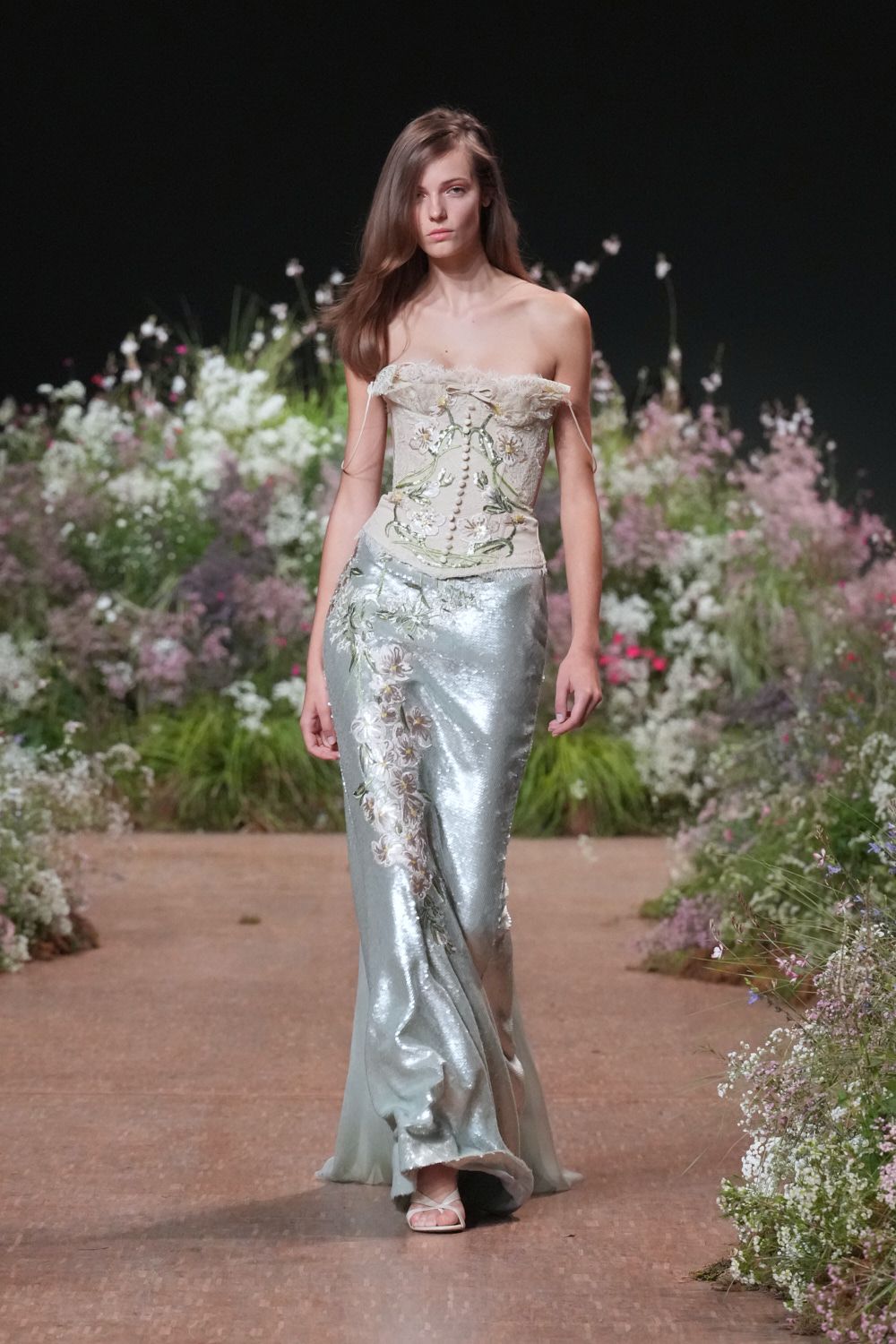 strapless embroidered floral evening gown