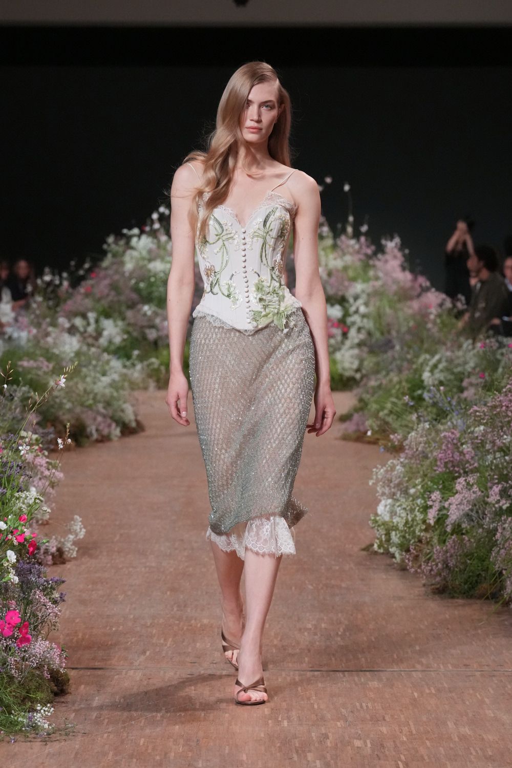 embroidered floral corset and sequined midi skirt
