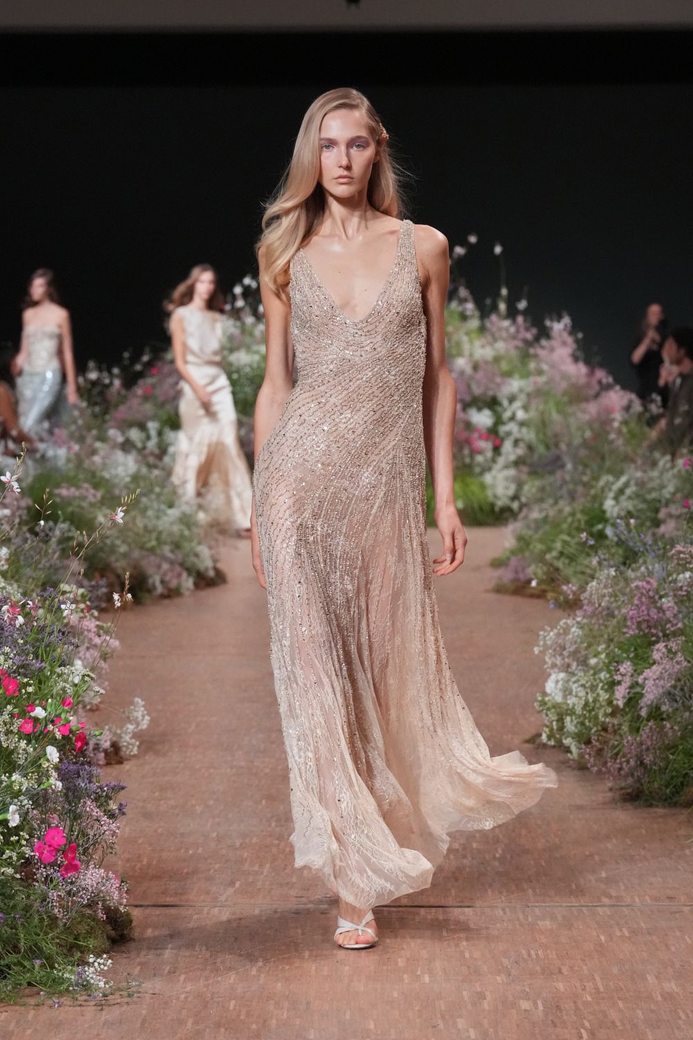 champagne beaded cowl-neck evening gown