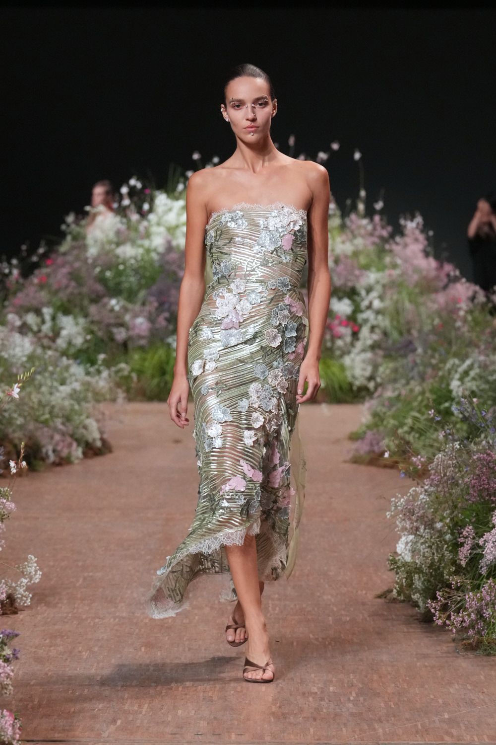 strapless floral appliqué chiffon dress