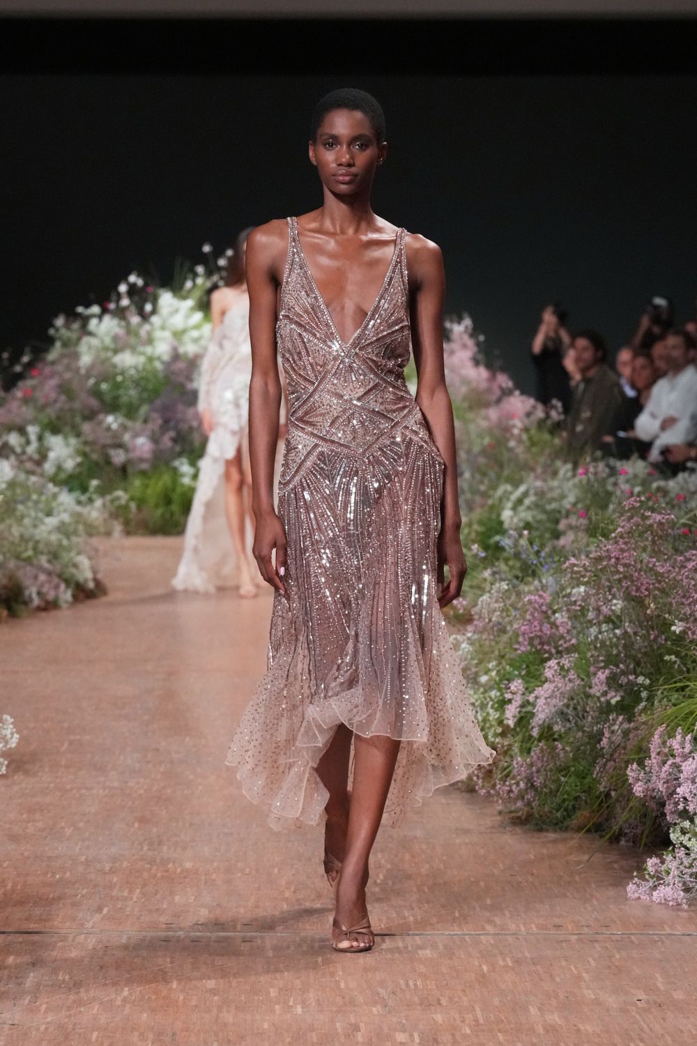 pink sequin sleeveless spaghetti-strap fitted beaded sequined midi-dress