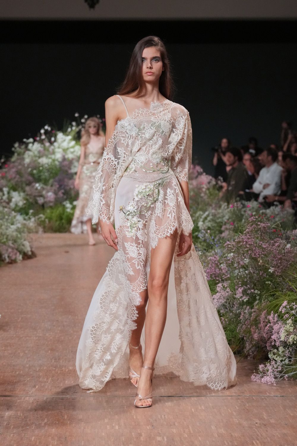 one-shoulder sheer lace bridal gown