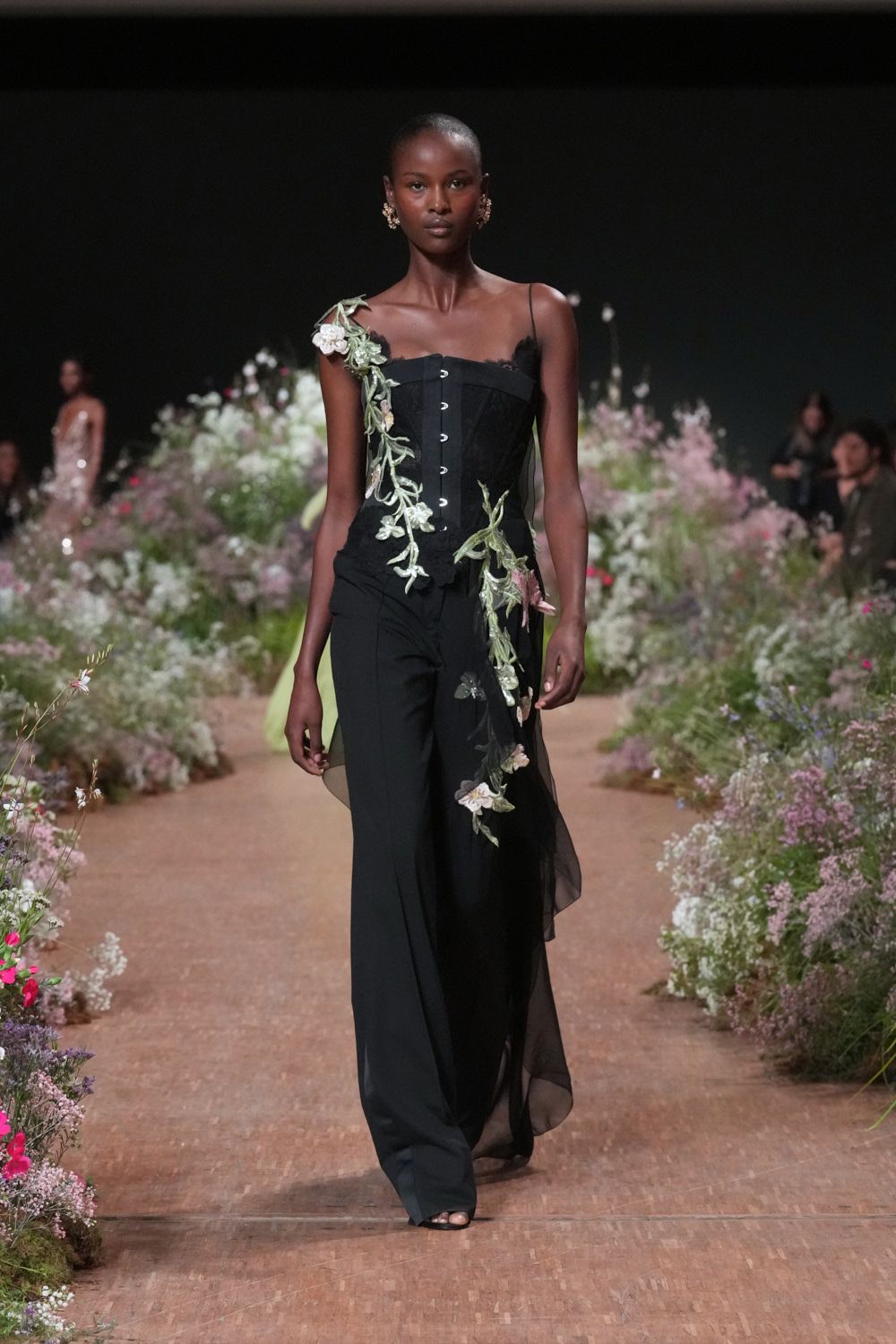 floral appliqué black corset top
